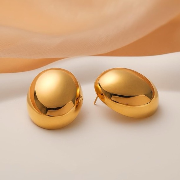 18K Gold Oversized Oval Earrings*Puff Earrings*High Gloss Finish*JD - Picture 7 of 7